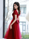 Burgundy Velvet Tulle Short Prom Dress, Off Shoulder Knee Length Party Dress HZ0429