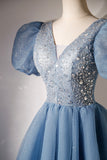A-line V-neck Sequins Short Prom Dress, Blue Short Sleeve Evening Dress HZ0429