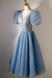 A-line V-neck Sequins Short Prom Dress, Blue Short Sleeve Evening Dress HZ0429