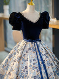 Blue V-Neck Short Sleeve Ball Gown, Blue A-Line Velvet Floor Length Evening Dress HZ0429