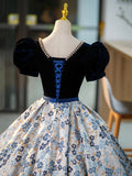 Blue V-Neck Short Sleeve Ball Gown, Blue A-Line Velvet Floor Length Evening Dress HZ0429