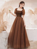 Charming Brown Tulle Floor Length Prom Dress, A-Line Short Sleeve Evening Party Dress HZ0429