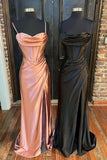 Simple Satin Long Mermaid Prom Dress, Spaghetti Straps Party Dress with Slit HZ0429