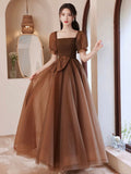 Charming Brown Tulle Floor Length Prom Dress, A-Line Short Sleeve Evening Party Dress HZ0429