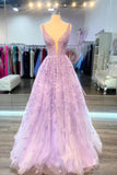 Purple V-Neck Lace Long Prom Dress, Purple A-Line Formal Evening Dress HZ0429