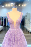 Purple V-Neck Lace Long Prom Dress, Purple A-Line Formal Evening Dress HZ0429