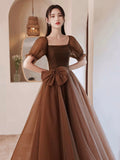 Charming Brown Tulle Floor Length Prom Dress, A-Line Short Sleeve Evening Party Dress HZ0429
