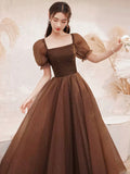 Charming Brown Tulle Floor Length Prom Dress, A-Line Short Sleeve Evening Party Dress HZ0429