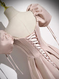Pink Satin A-Line Floor Length Prom Dress, Off Shoulder Short Sleeve Evening Dress HZ0429