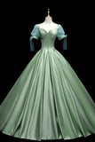 Green Satin Long A-Line Ball Gown, Green Short Sleeve Evening Gown HZ0429