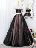 Black Tulle and Pink Flowers Party Dress, Black  Off Shoulder Sweet 16 Dress HZ0429