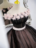 Black Tulle and Pink Flowers Party Dress, Black  Off Shoulder Sweet 16 Dress HZ0429