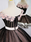 Black Tulle and Pink Flowers Party Dress, Black  Off Shoulder Sweet 16 Dress HZ0429