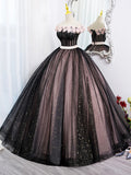 Black Tulle and Pink Flowers Party Dress, Black  Off Shoulder Sweet 16 Dress HZ0429