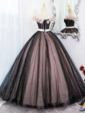 Black Tulle and Pink Flowers Party Dress, Black  Off Shoulder Sweet 16 Dress HZ0429