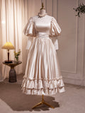 Champagne Satin Lace Long Sleeve Prom Dress, Champagne Evening Party Dress HZ0429