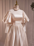 Champagne Satin Lace Long Sleeve Prom Dress, Champagne Evening Party Dress HZ0429