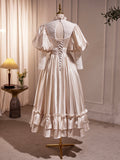 Champagne Satin Lace Long Sleeve Prom Dress, Champagne Evening Party Dress HZ0429
