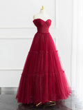 Burgundy Shiny Tulle Long Prom Dress, Beautiful A-Line Off the Shoulder Evening Dress HZ0429