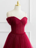 Burgundy Shiny Tulle Long Prom Dress, Beautiful A-Line Off the Shoulder Evening Dress HZ0429