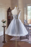 Gray Tulle Knee Length A-Line Party Dress, Lovely Spaghetti Strap Evening Dress HZ0429