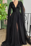 Black V-Neck Chiffon Long Prom Dress, A-Line Evening Dress with Slit HZ0429