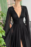 Black V-Neck Chiffon Long Prom Dress, A-Line Evening Dress with Slit HZ0429