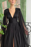 Black V-Neck Chiffon Long Prom Dress, A-Line Evening Dress with Slit HZ0429