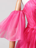 Hot Pink Tulle Long Prom Dress, A-Line Strapless Evening Party Dress with Slit HZ0429