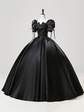 Black Satin Lace Long Prom Dress, Elegant A-Line Short Sleeve Evening Party Gown HZ0429