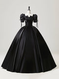 Black Satin Lace Long Prom Dress, Elegant A-Line Short Sleeve Evening Party Gown HZ0429