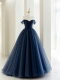 Off the Shoulder Tulle Long Prom Dress, A-Line Blue Formal Evening Dress HZ0429