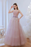 Pink Strapless Tulle Beaded Long Prom Dress, A-Line Evening Dress HZ0429