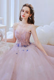 Pink Strapless Tulle Beaded Long Prom Dress, A-Line Evening Dress HZ0429