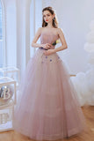 Pink Strapless Tulle Beaded Long Prom Dress, A-Line Evening Dress HZ0429