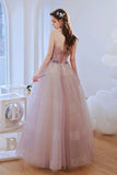 Pink Strapless Tulle Beaded Long Prom Dress, A-Line Evening Dress HZ0429