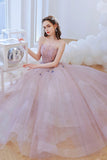 Pink Strapless Tulle Beaded Long Prom Dress, A-Line Evening Dress HZ0429