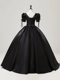 Black Satin Lace Long Prom Dress, Elegant A-Line Short Sleeve Evening Party Gown HZ0429