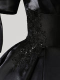 Black Satin Lace Long Prom Dress, Elegant A-Line Short Sleeve Evening Party Gown HZ0429