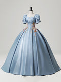Blue Satin Lace Long Prom Dress, Elegant Short Sleeve Evening Party Gown HZ0429