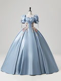 Blue Satin Lace Long Prom Dress, Elegant Short Sleeve Evening Party Gown HZ0429