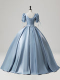 Blue Satin Lace Long Prom Dress, Elegant Short Sleeve Evening Party Gown HZ0429
