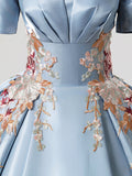 Blue Satin Lace Long Prom Dress, Elegant Short Sleeve Evening Party Gown HZ0429
