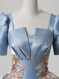 Blue Satin Lace Long Prom Dress, Elegant Short Sleeve Evening Party Gown HZ0429