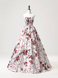 White Printed Pattern Long Party Dress, A-Line Strapless Evening Prom Dress HZ0429
