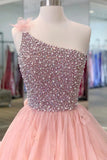Pink Organza Beaded Long Formal Dress, A-Line One Shoulder Evening Dress HZ0429