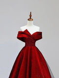 Burgundy Satin and Black Tulle Long Prom Dress, A-Line Off the Shoulder Party Dress HZ0429