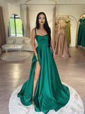 Dark Green Satin A-Line Spaghetti Straps Long Prom Dresses with Split HZ0429