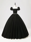 Black Velvet Long A-Line Prom Dress, Elegant Short Sleeve Formal Evening Dress HZ0429