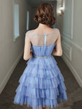 Blue Tulle Round Neckline Short Prom Dress, Cute Layered Blue Evening Party Dress HZ0429